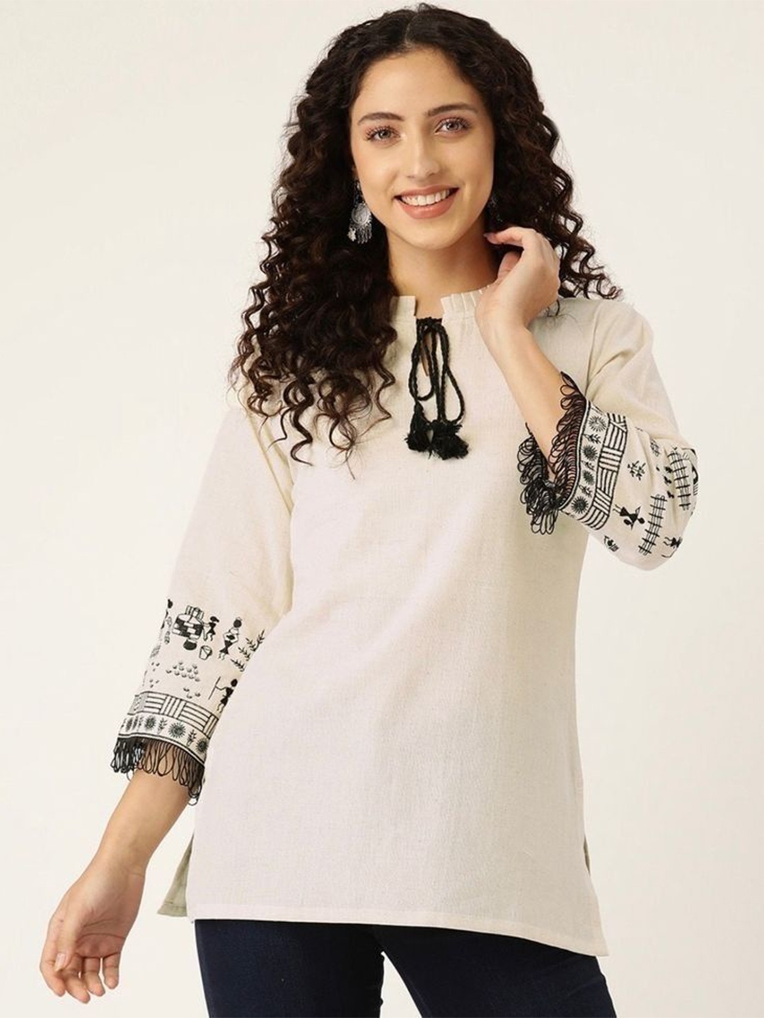 

CRENOL THREADS Women Printed Tie-Up Neck Cotton Top, Cream