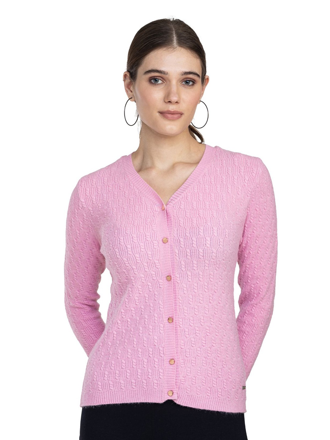 

Moda Elementi Women Cable Knit Woollen Cardigan, Pink