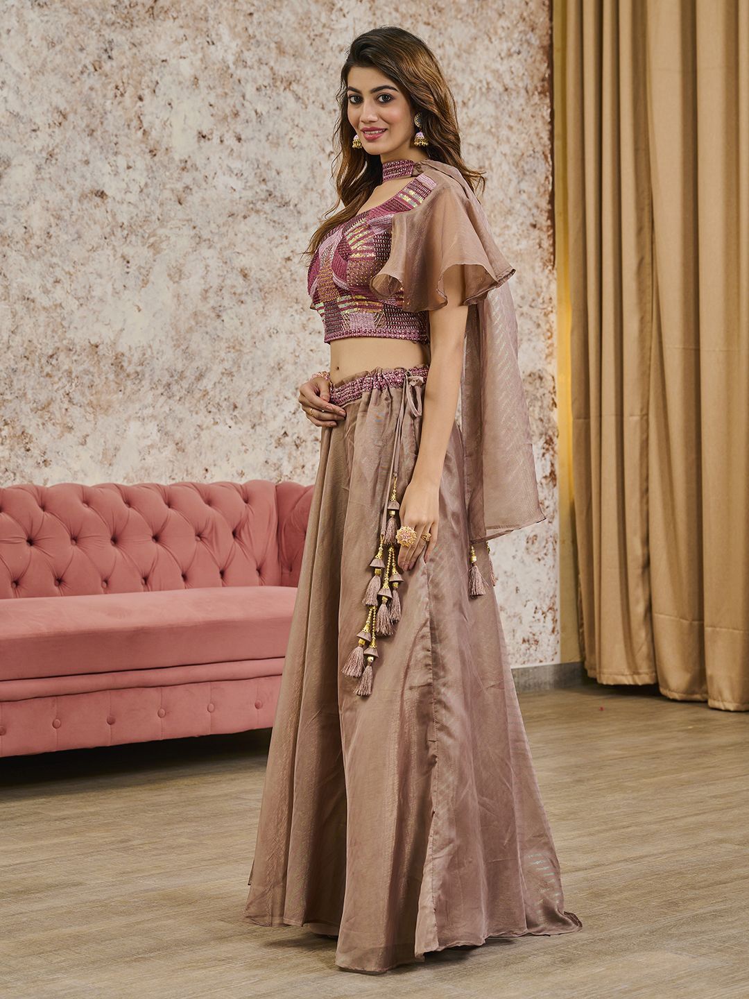 

Krimmple Embroidered Thread Work Ready to Wear Lehenga & Blouse With Dupatta, Brown