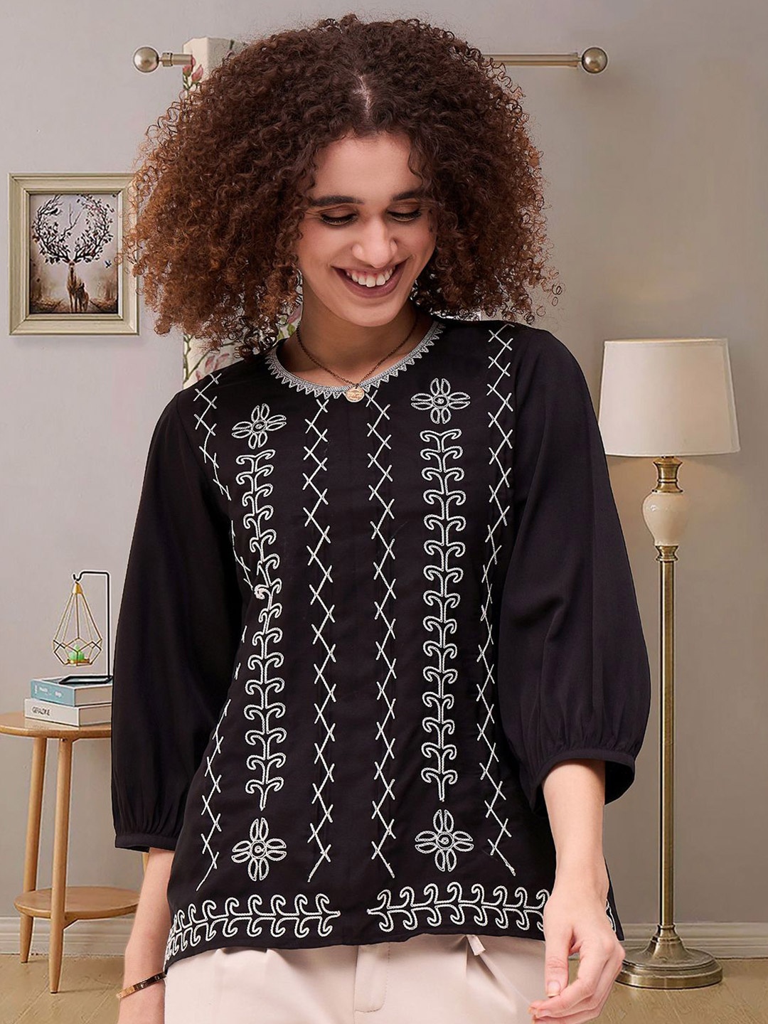 

DressBerry Women Ethnic Motifs Embroidered Blouson Top, Black