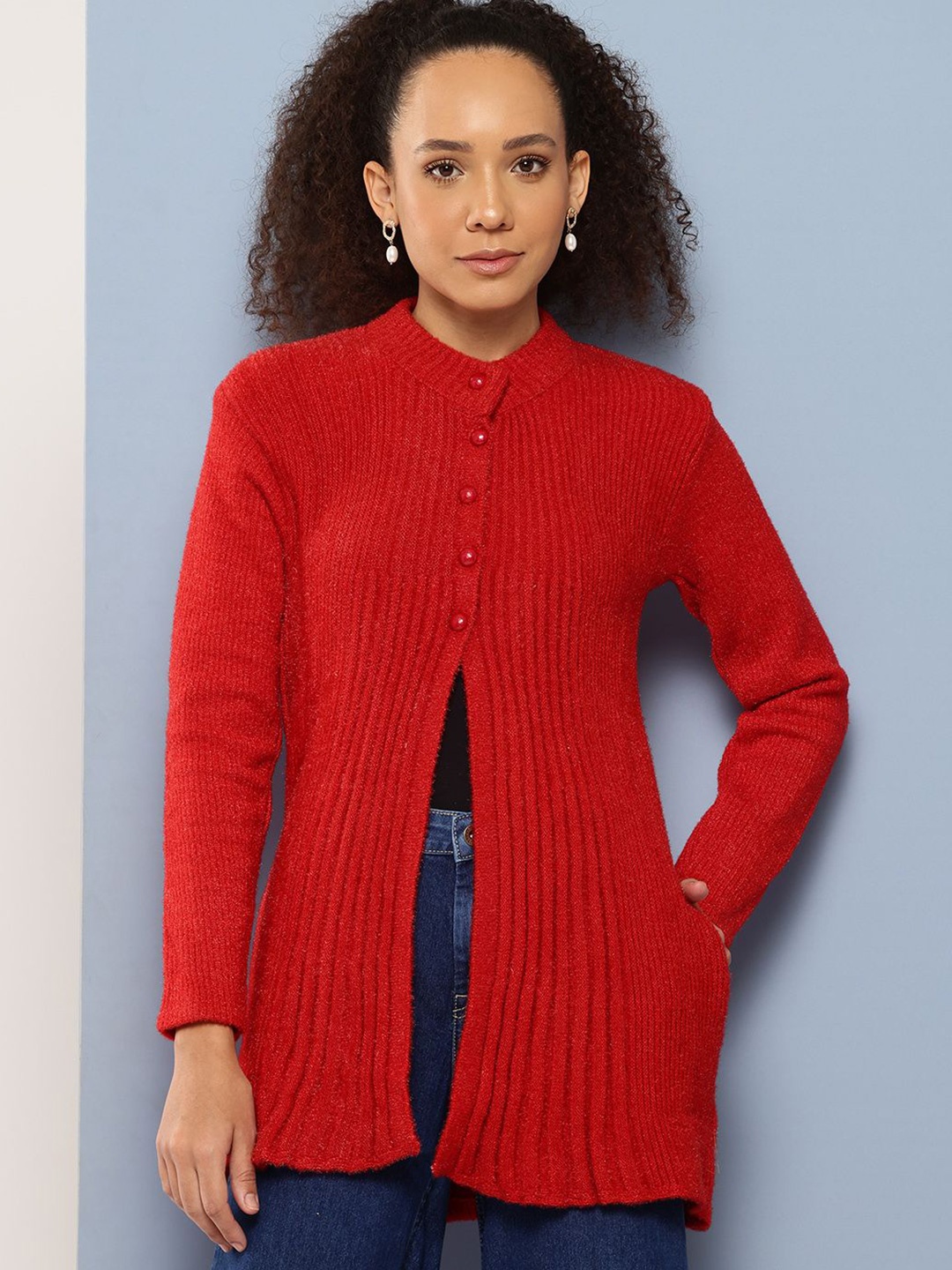 

BAESD Women Ribbed Woollen Longline Cardigan, Red