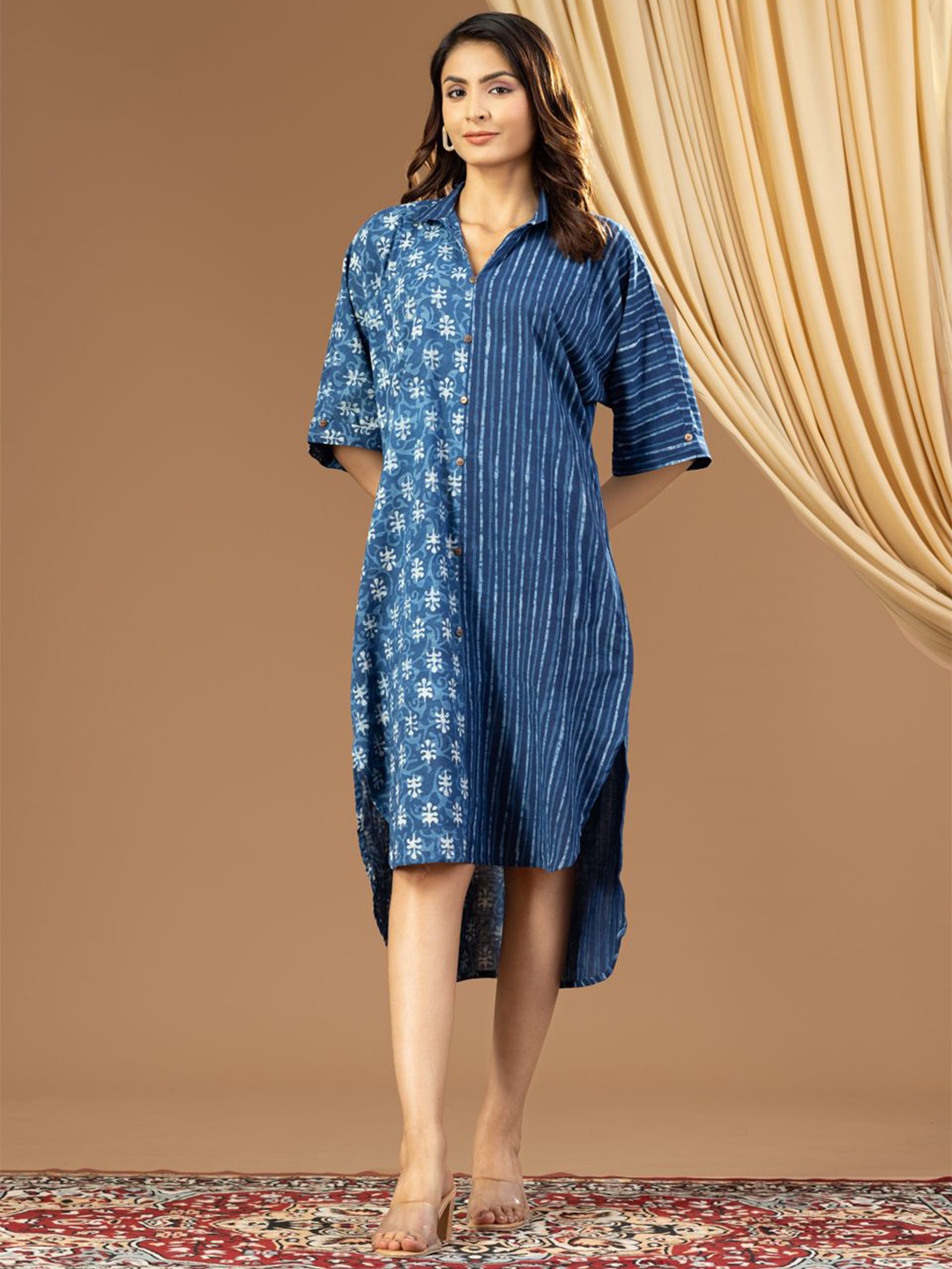 

HANDIKART Women cotton Ethnic Motifs Print Batwing Sleeve Shirt Midi Dress, Blue