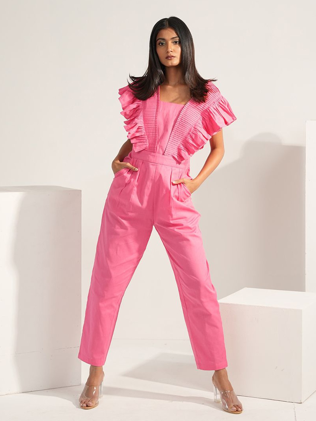 

Aamili Women Basic Jumpsuit with Ruffles, Pink