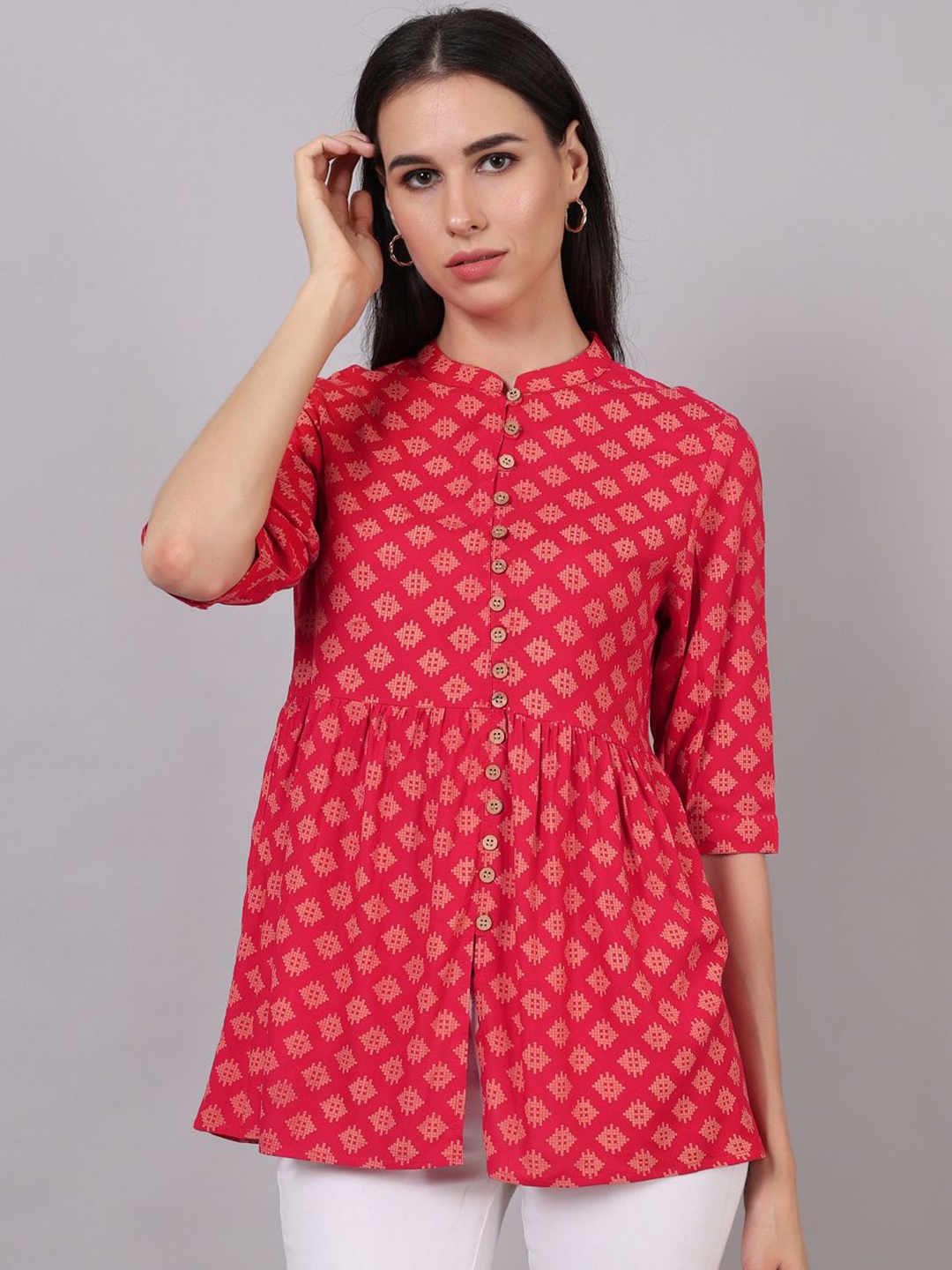 

Jaamso Royals Mandarin Collar Printed Cotton Tunic, Red