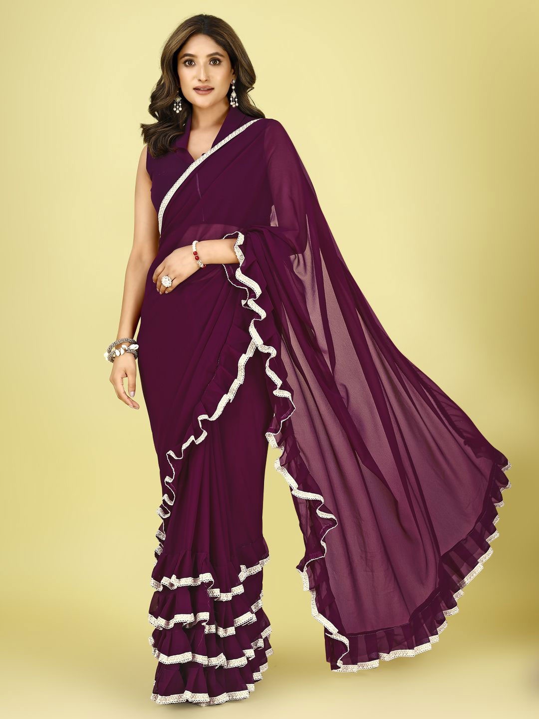 

AMK FASHION Poly Georgette Block Print Saree, Purple