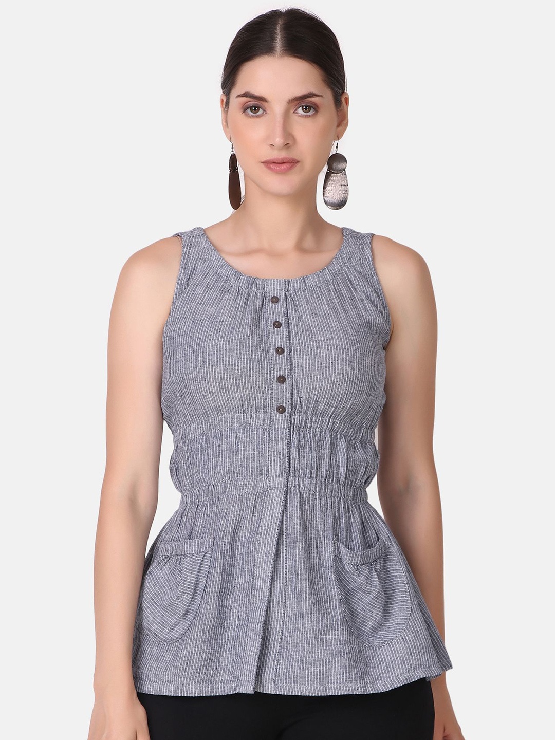 

Pose india Striped Cotton Cinched Waist Top, Grey