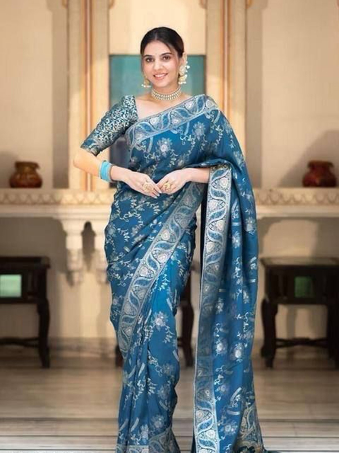 

Anouk Woven Design Zari Silk Blend Banarasi Saree, Blue