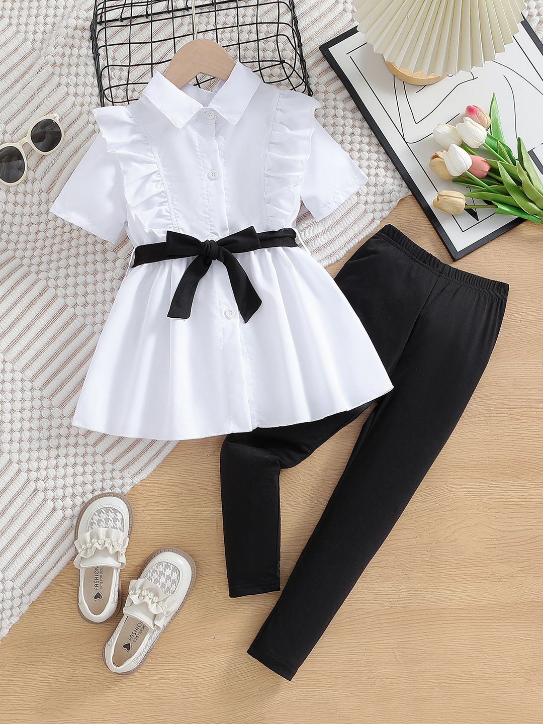 

YK Girls Shirt Collar Tunic With Leggings, White