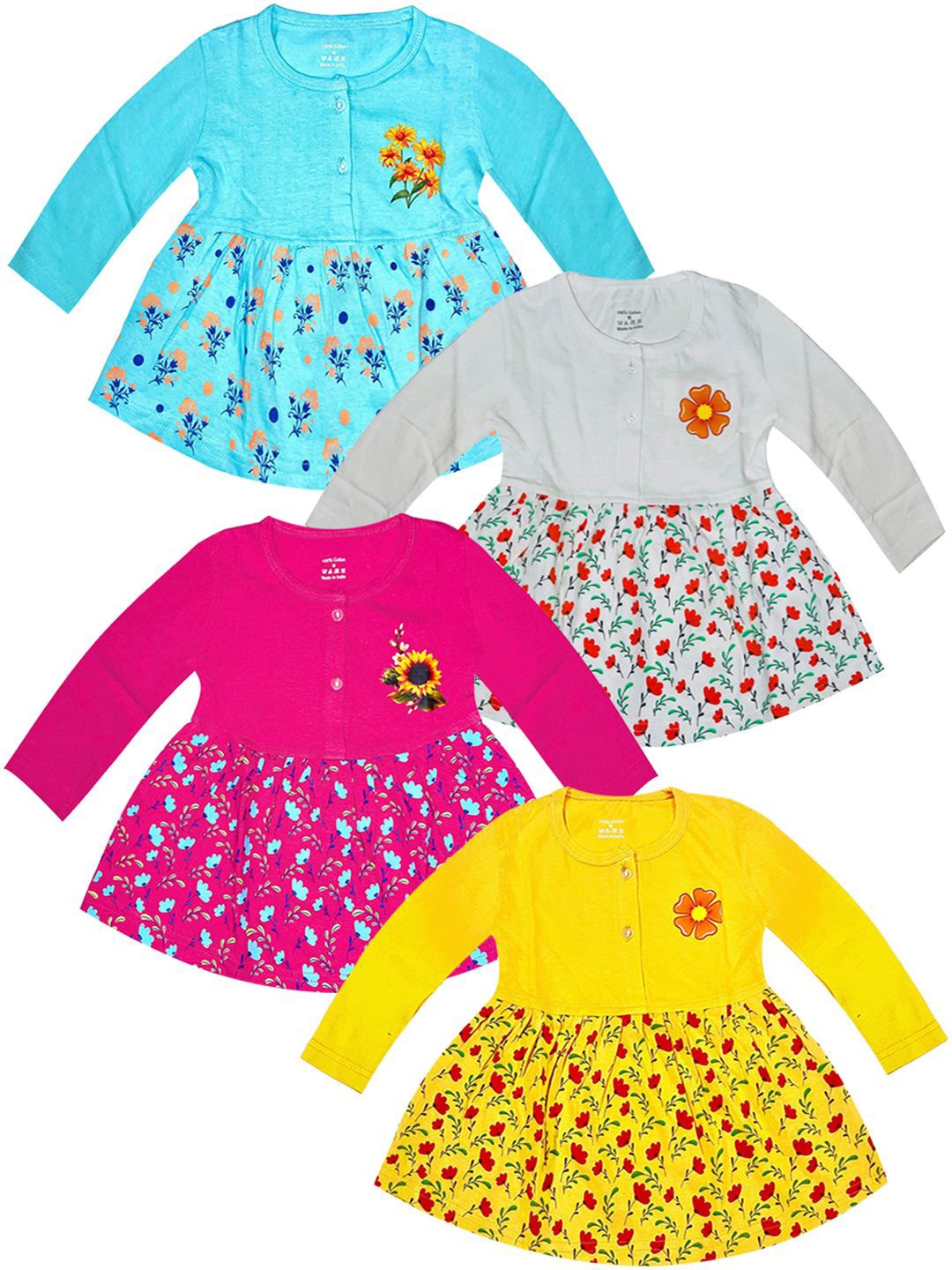 

KidzzCart Girls Pack Of 4 Floral Printed Cotton Fit & Flare Dress, Multi