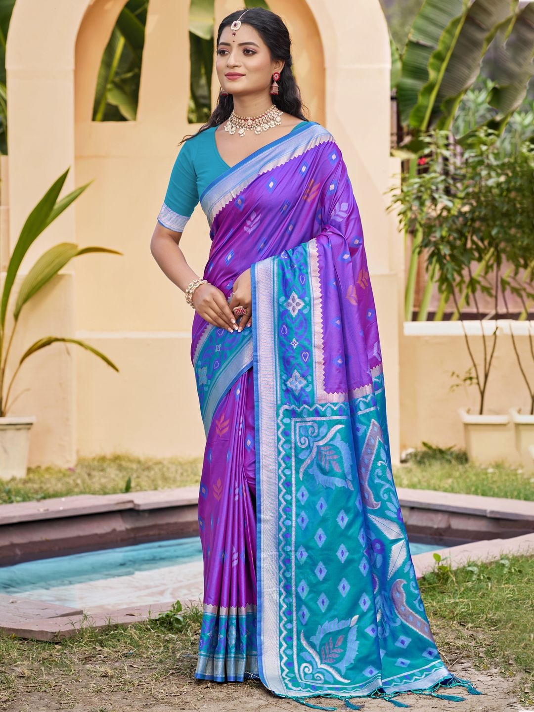 

SANGAM PRINTS Woven Design Zari Tussar Saree, Violet