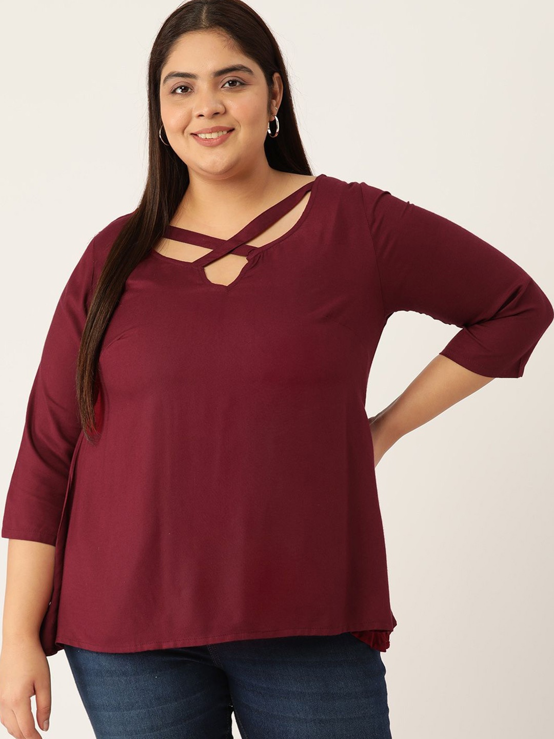 

theRebelinme Women Plus Size Neck Cut Out Detail Top, Burgundy