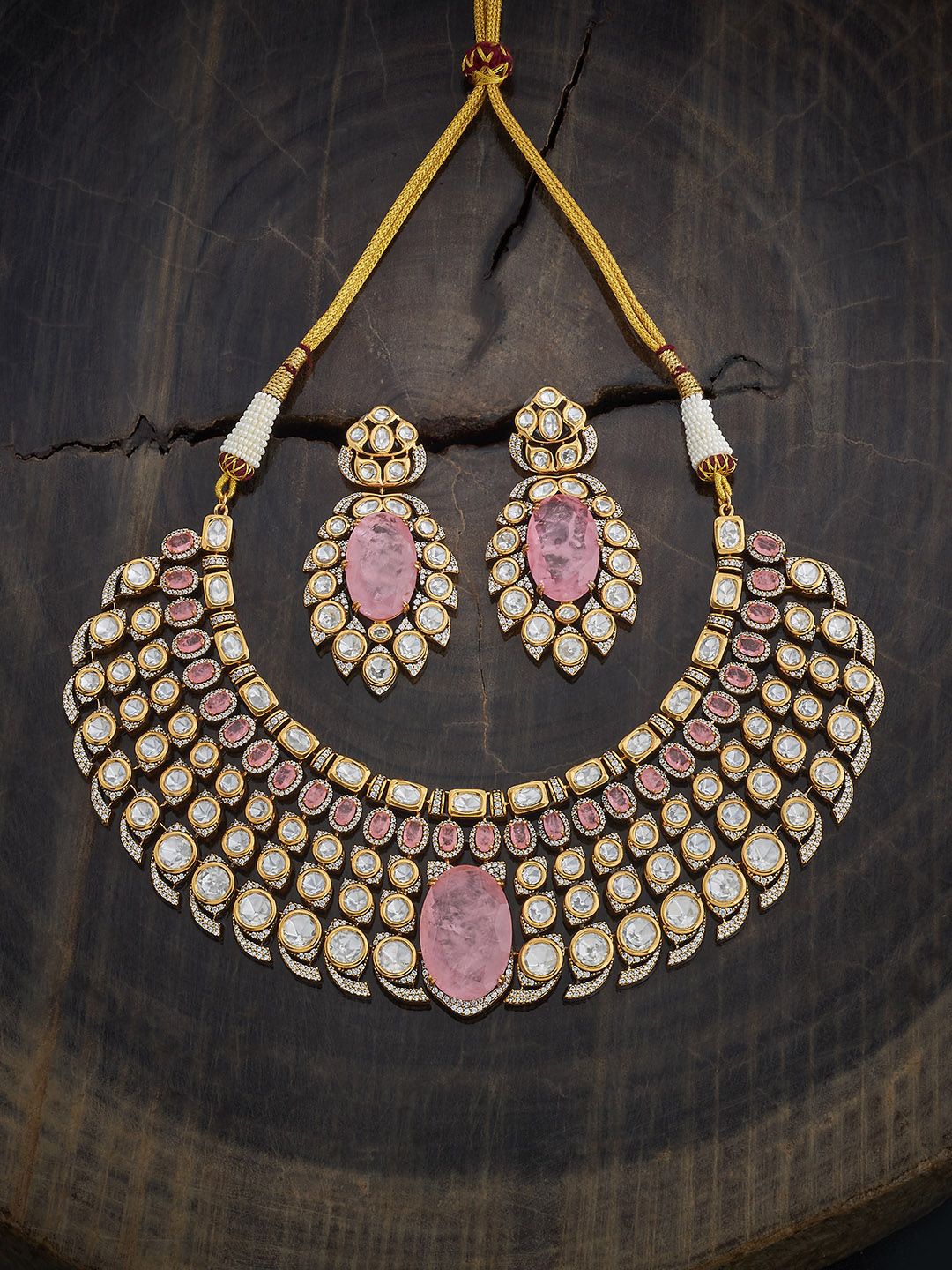 

Kushal's Fashion Jewellery Victorian-Plated Cubic Zirconia-Studded Necklace and Earrings, Gold