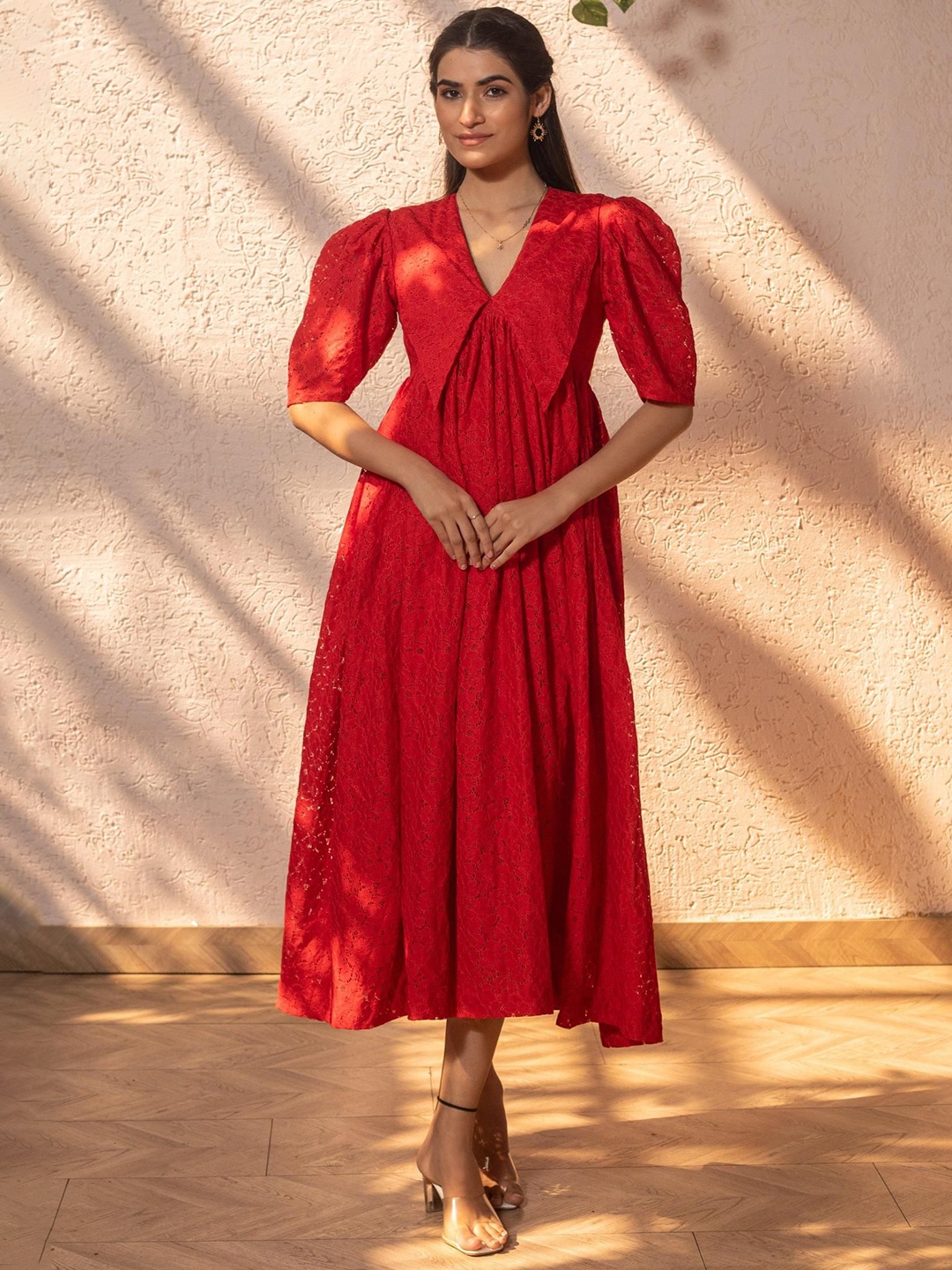 

SUKITI Puff Sleeve Fit & Flare Maxi Dress, Red