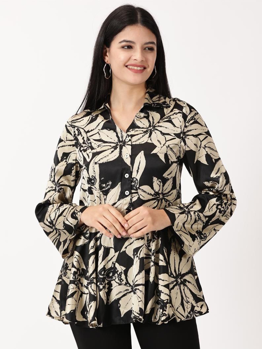 

RAVINIK Women Floral Printed Satin Top, Black