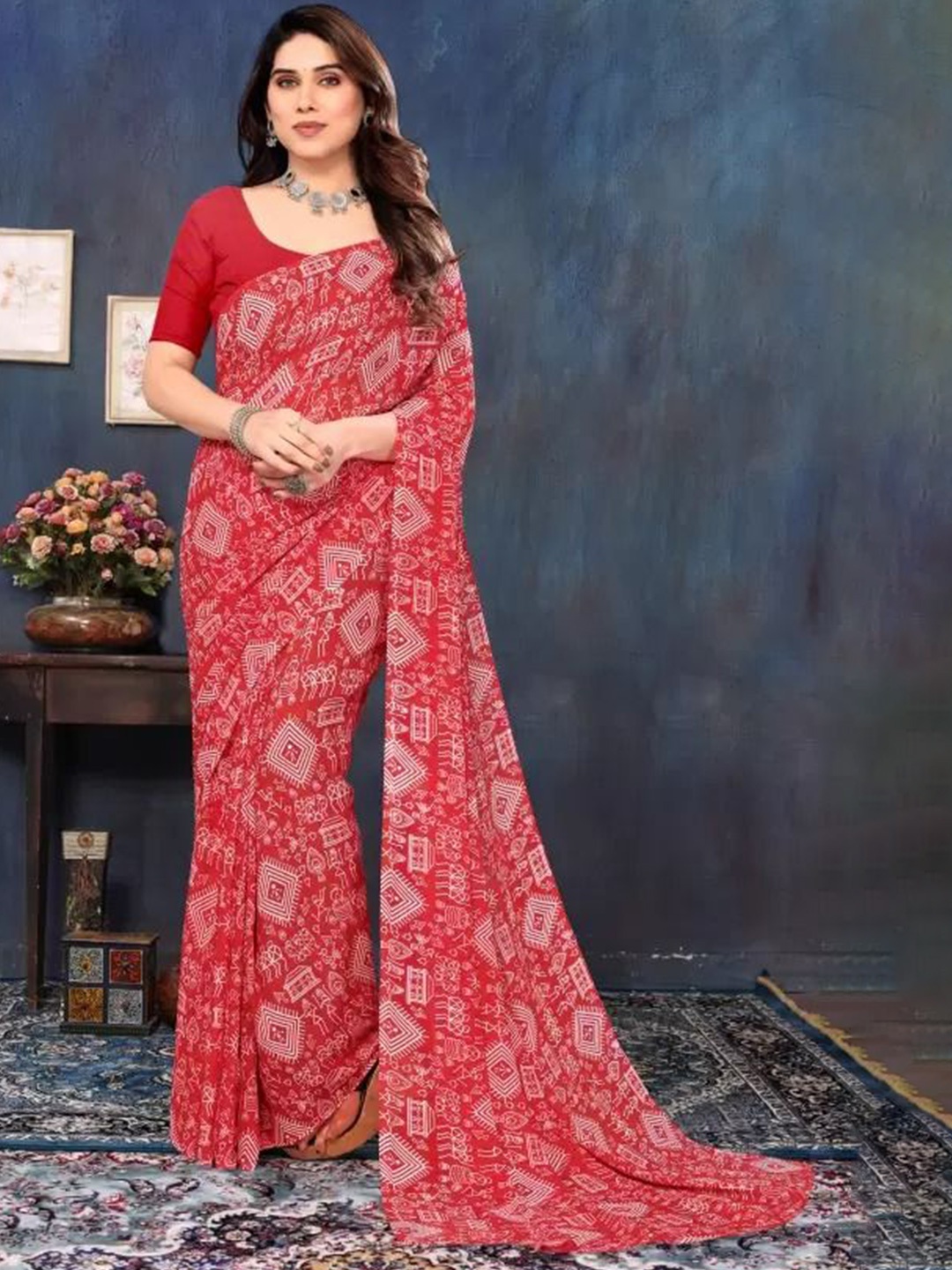 

KALINI Ethnic Motifs Printed Pure Georgette Saree, Red