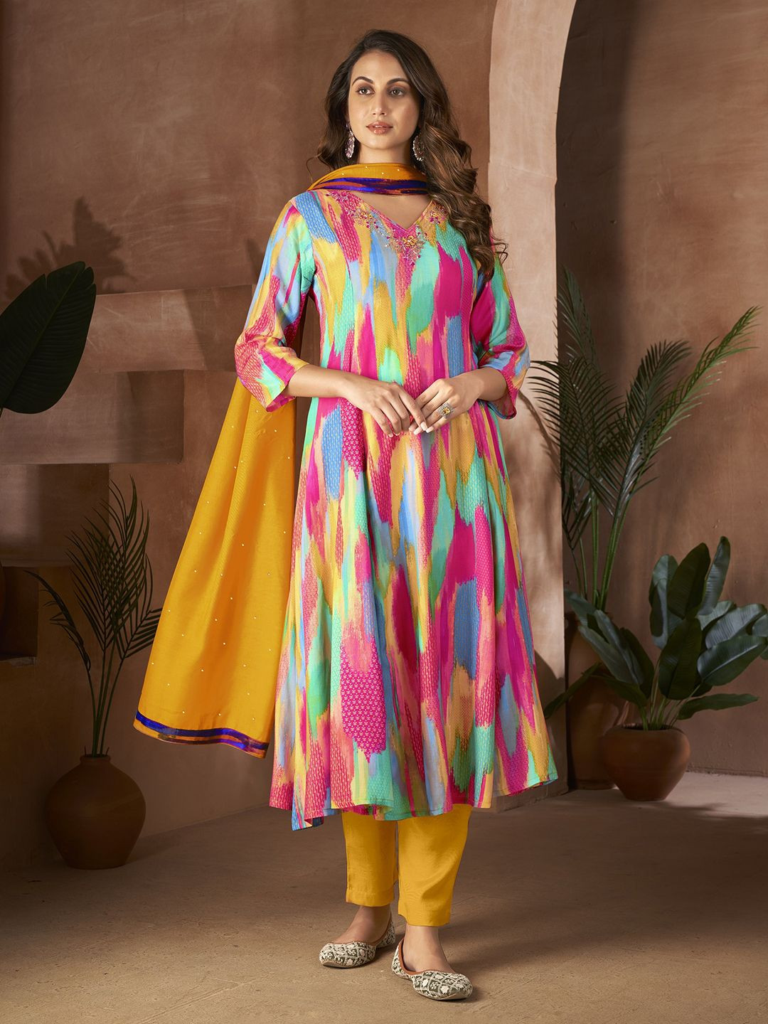 

Krimmple Women Printed Regular Thread Work Pure Silk Kurta with Pyjamas & With Dupatta, Yellow