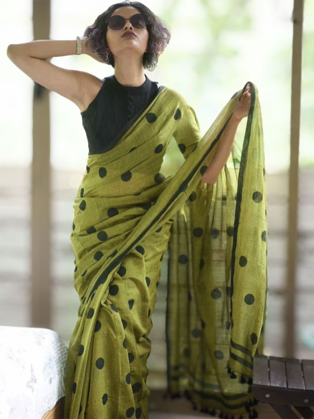 

Ruuprekha Polka Dot Pure Cotton Khadi Saree, Olive