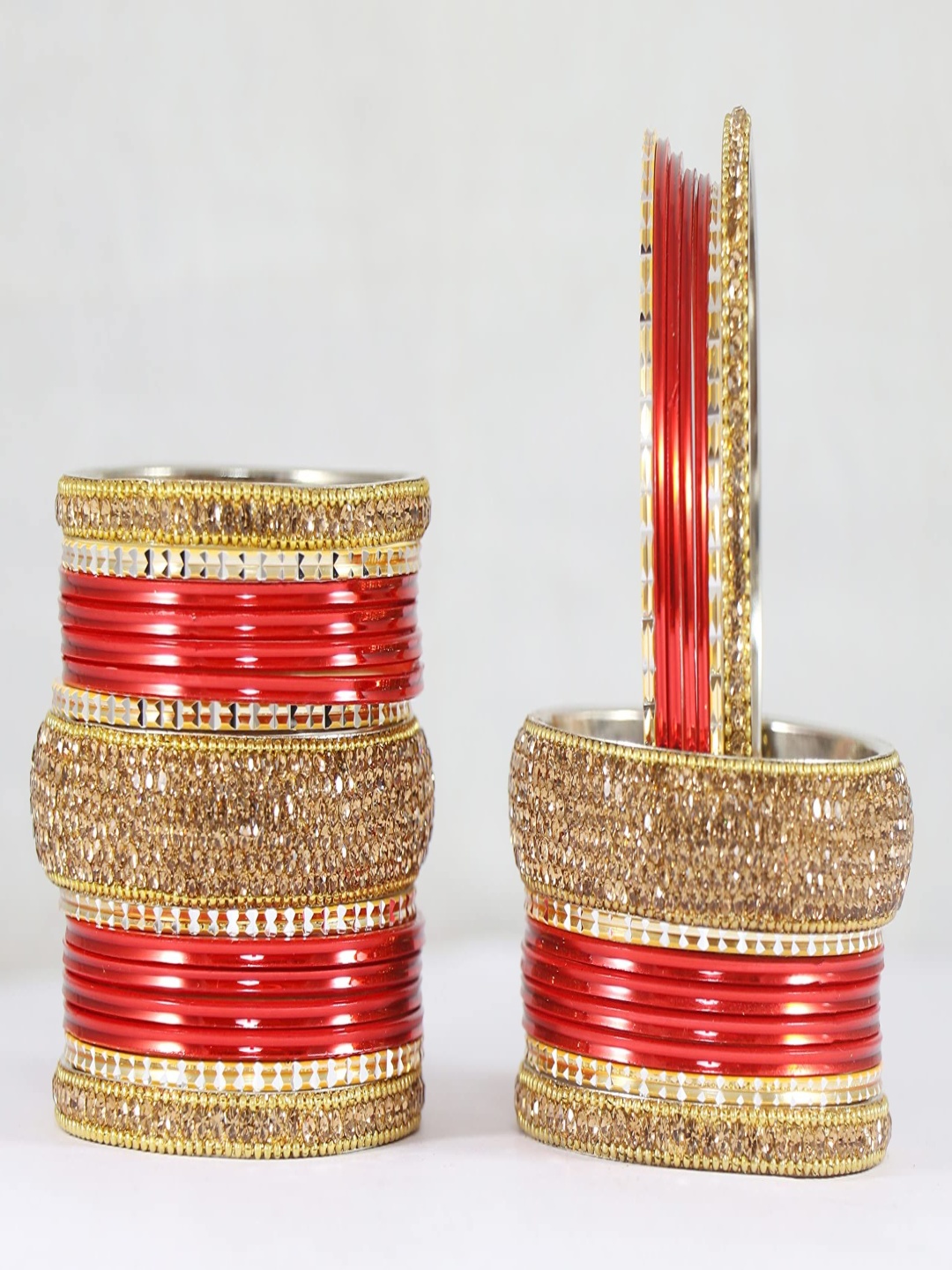 

ZULKA Set Of 30 Zircon Gemstone Studded Linked With Ball Chain Bangles, Red