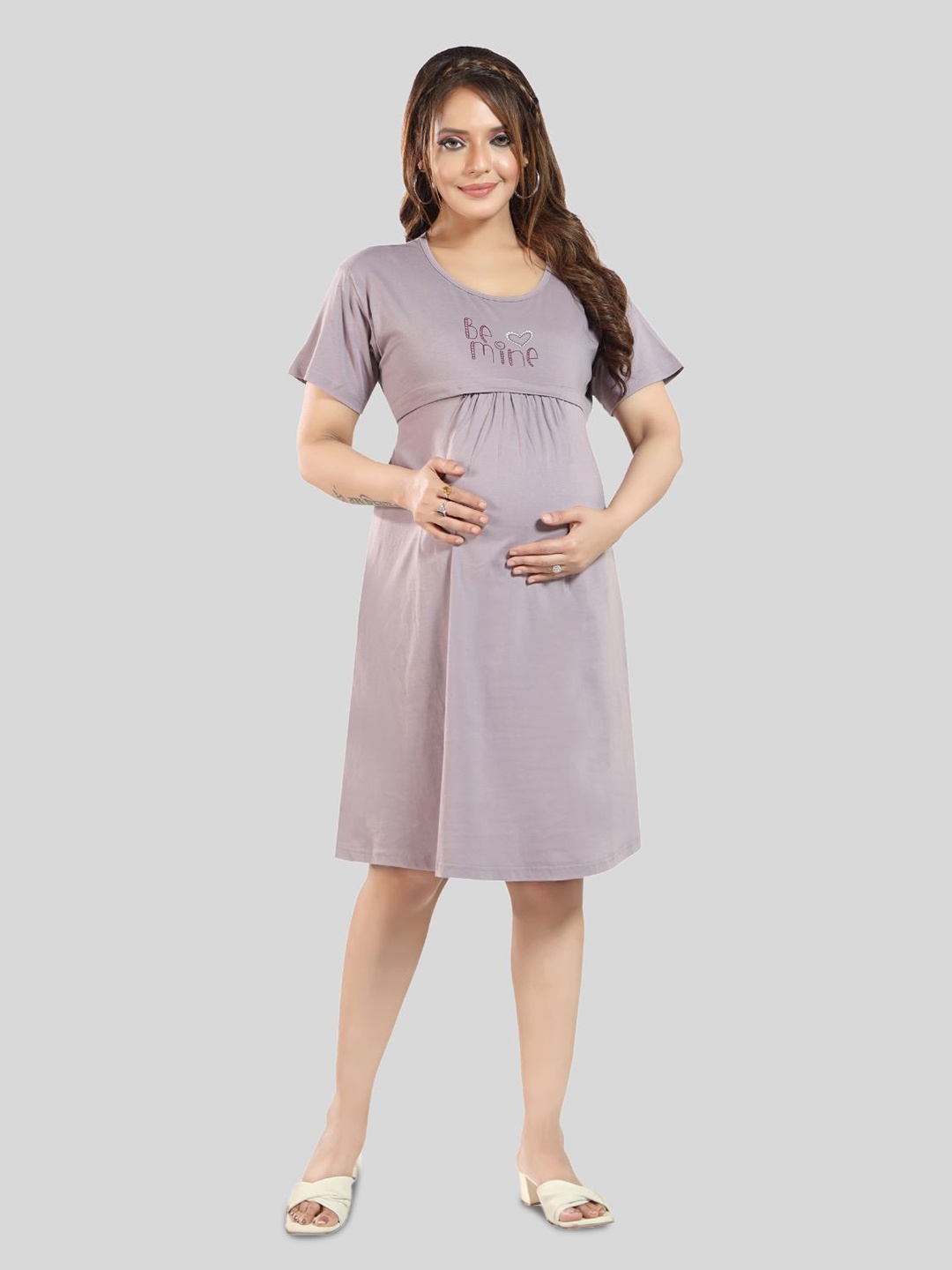 

Fabme Typography Printed Pure Cotton Maternity T-Shirt Dress, Lavender