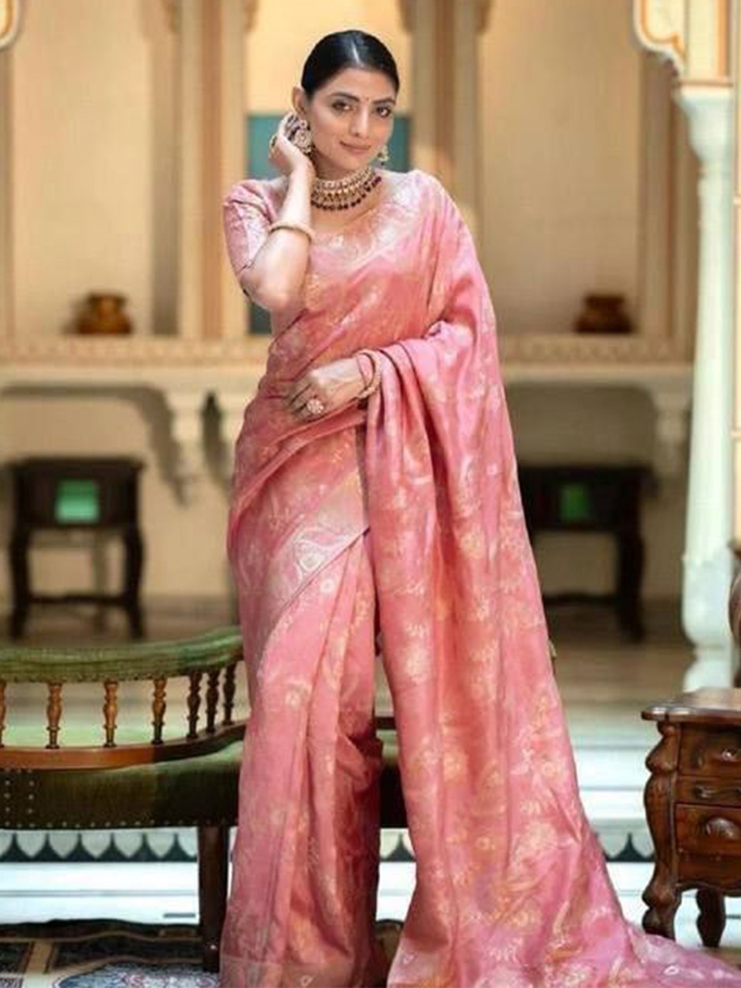 

Anouk Woven Design Zari Silk Blend Banarasi Saree, Peach