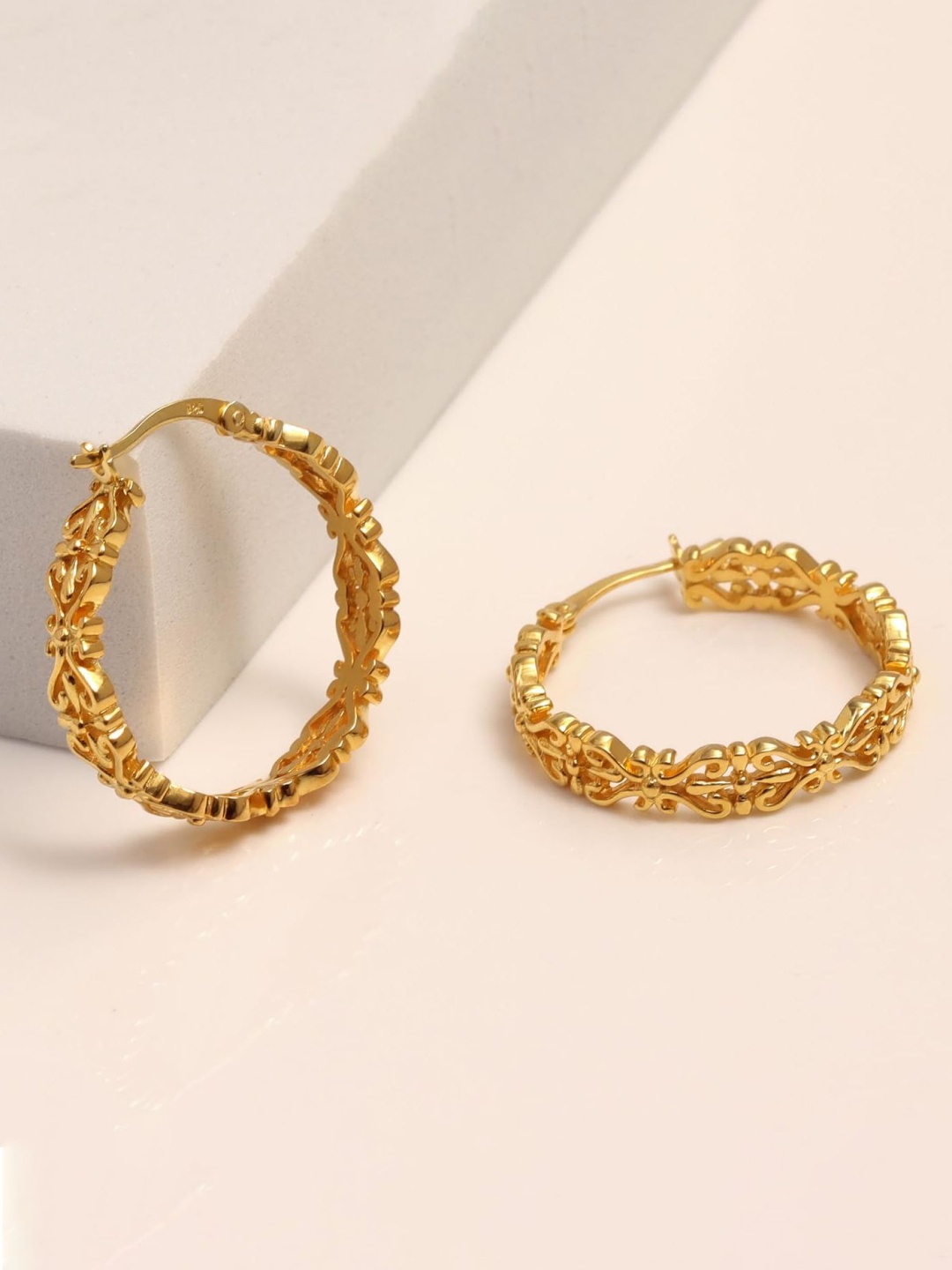 

LeCalla 925 Sterling Silver-Plated 14K Gold-Plated Textured Circular Shaped Hoops