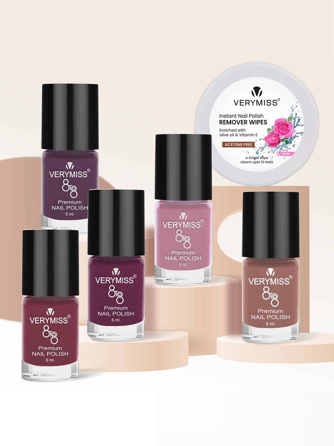 

VERYMISS Set Of 5 Trending Nail Polish - 6 ml Each With Nail Polish Remover Wipes - 02, Nude