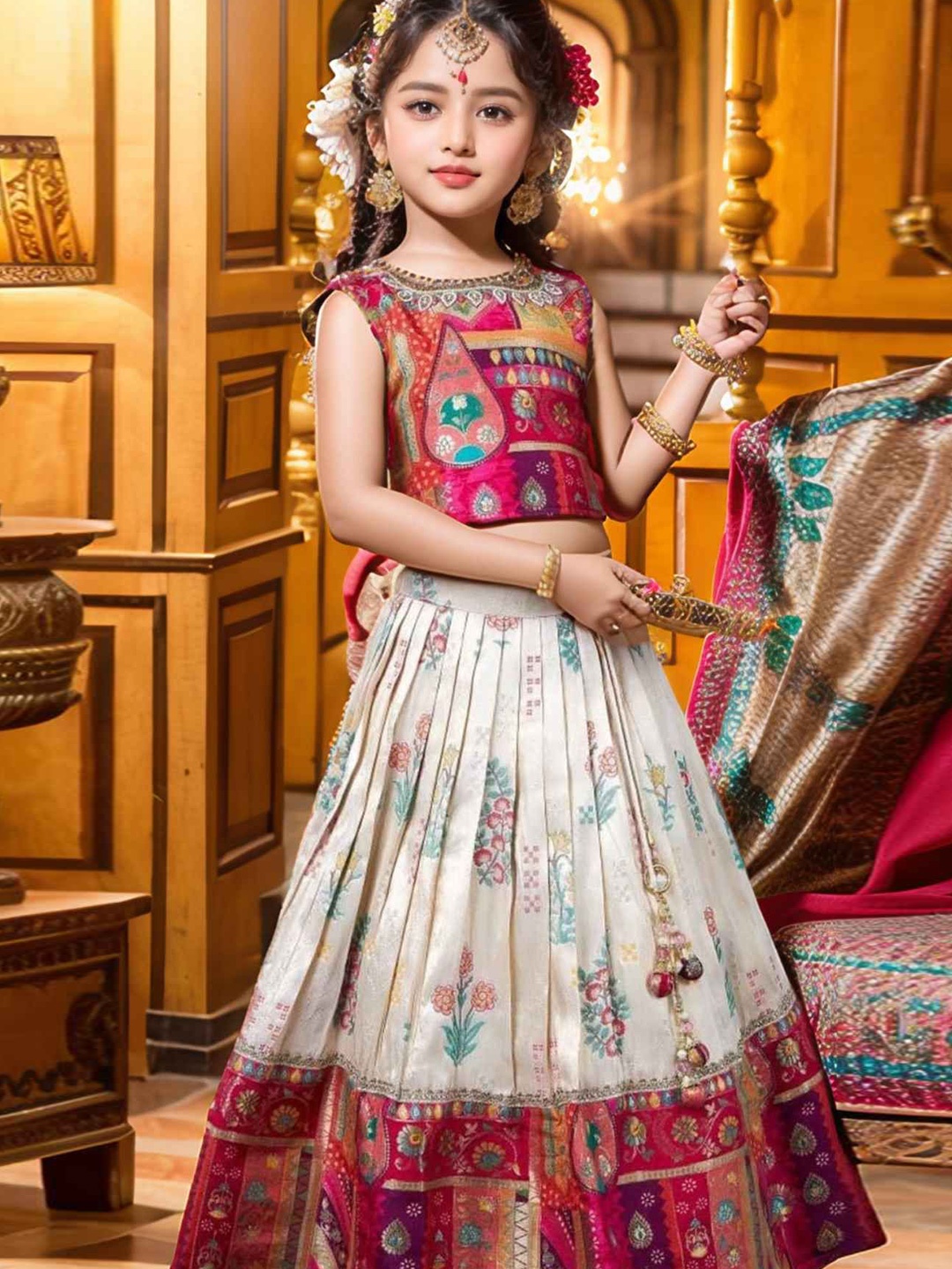 

Lagorii Girls Embroidered Beads and Stones Banarasi Silk Ready to Wear Lehenga & Blouse, Pink