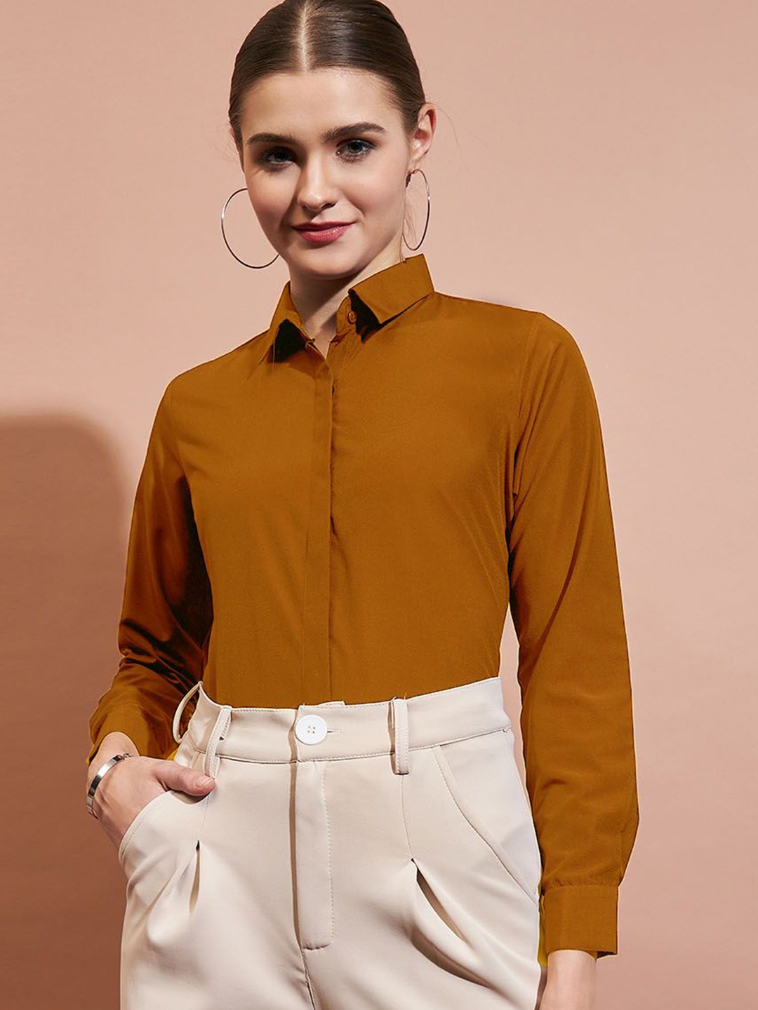 

DressBerry Women Slim Fit Spread Collar Solid Casual Shirt, Mustard