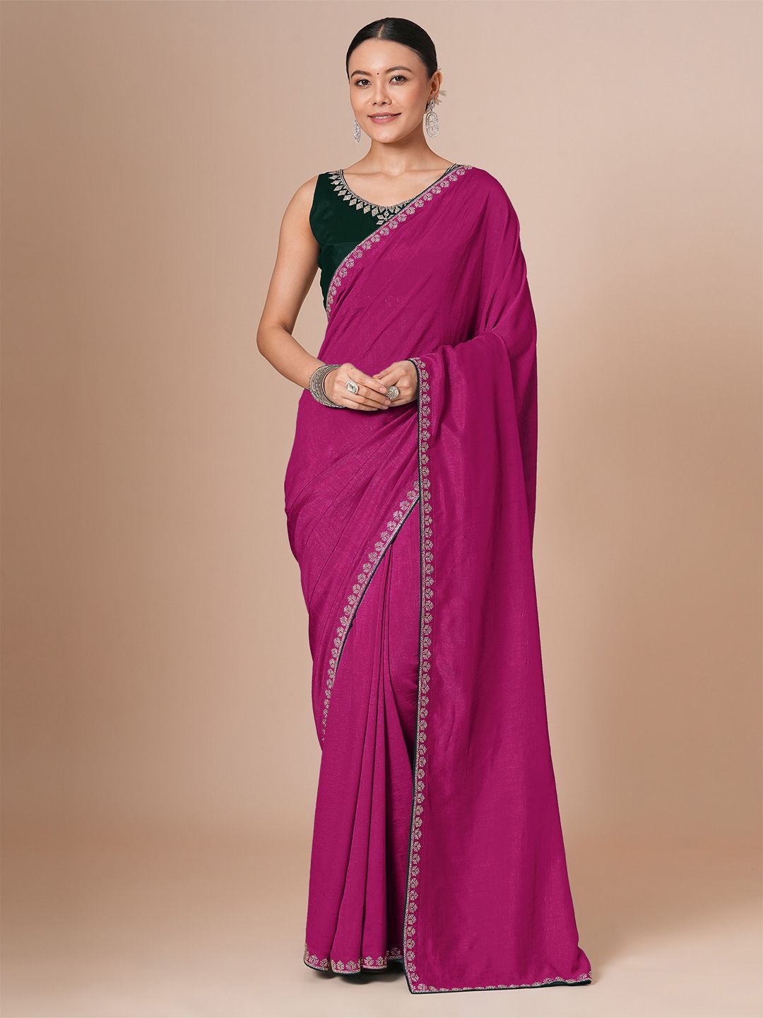 

House of Pataudi Embellished Saree With Blouse Piece, Pink
