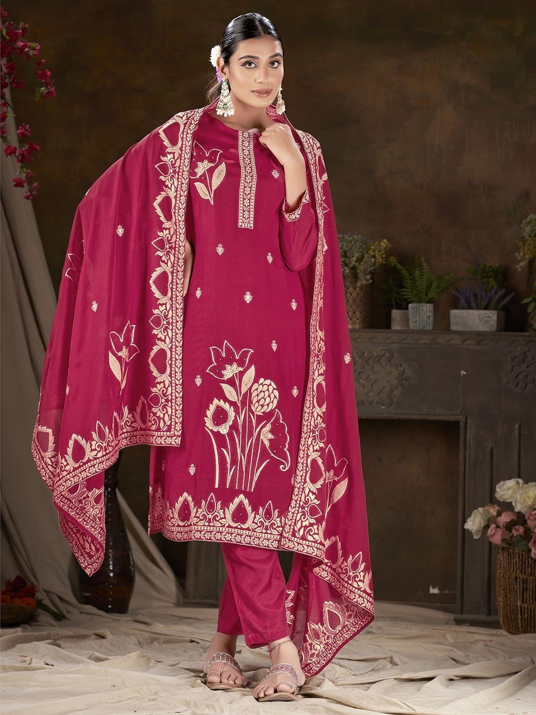 

Krimmple Women Floral Embroidered Regular Kurta with Trousers & With Dupatta, Pink