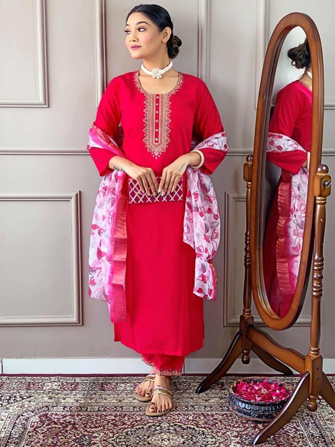 

SHREE KHODAL FASHION Women Embroidered Round Neck Kurta With Trousers & Dupatta, Pink