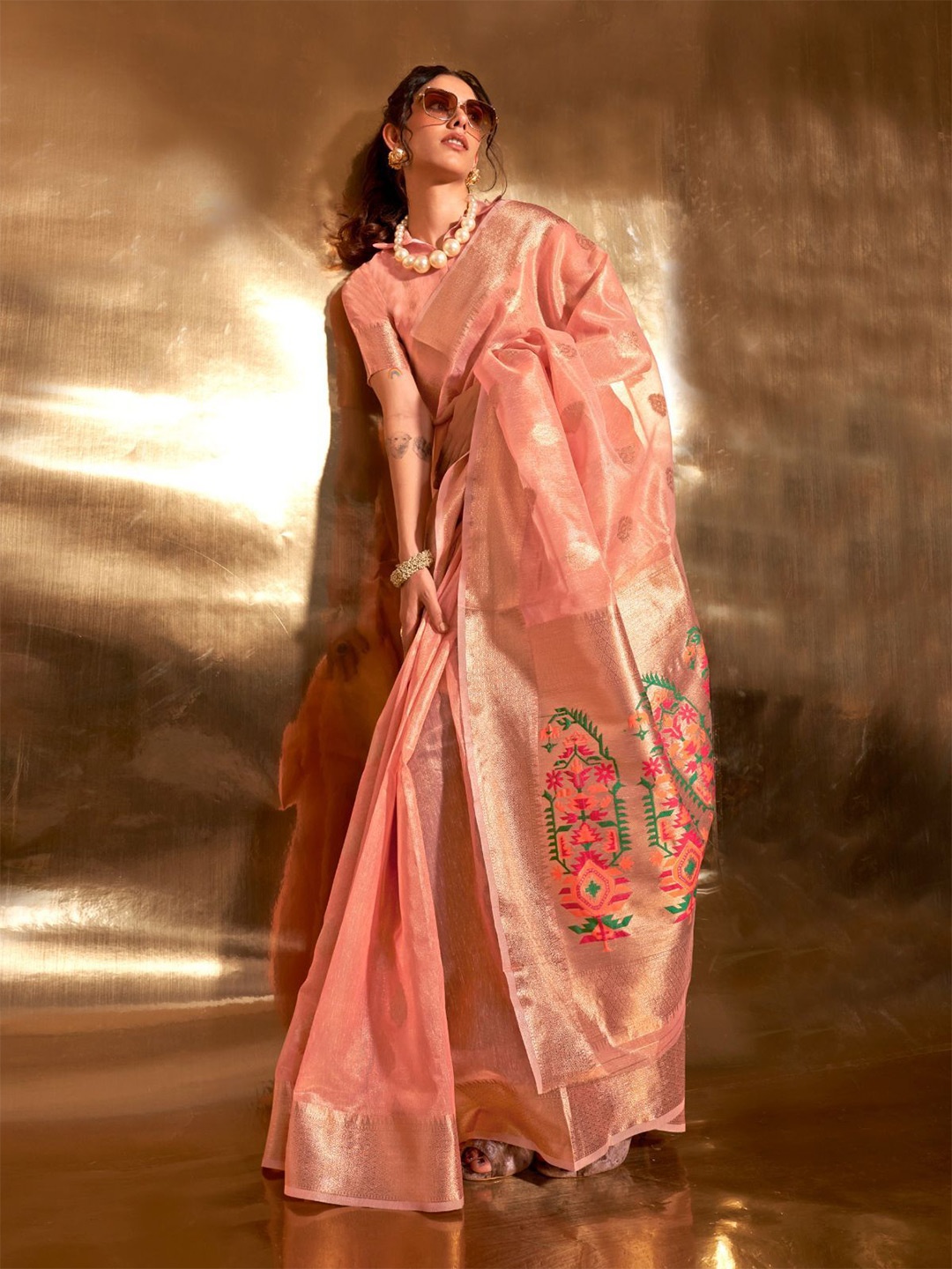 

ODETTE Ethnic Motifs Zari Tissue Saree, Peach