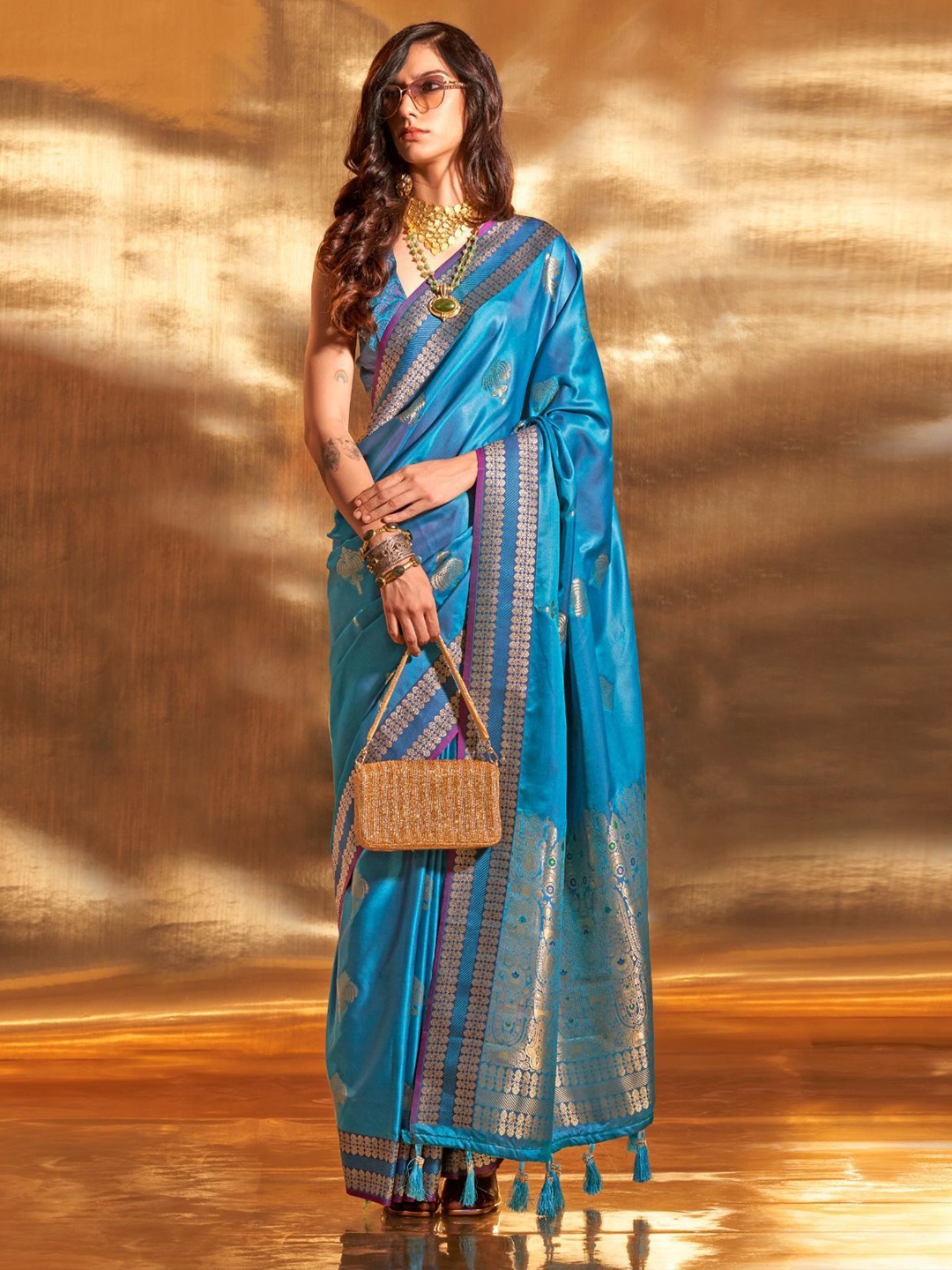 

ODETTE Ethnic Motifs Zari Satin Saree, Blue