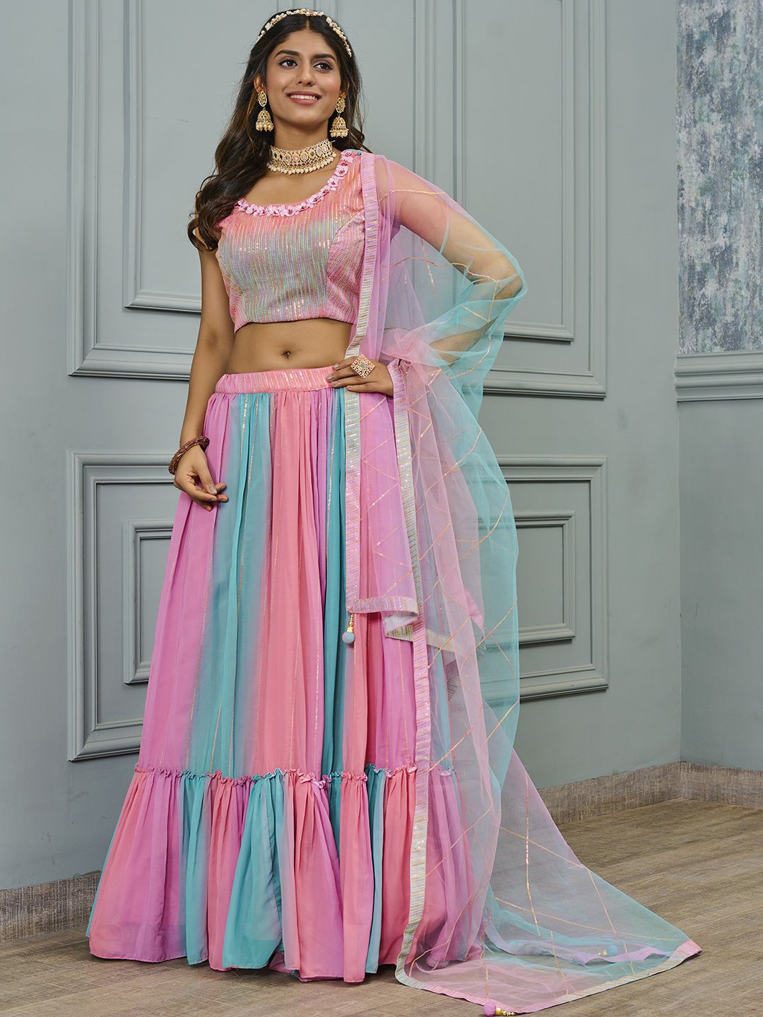 

Krimmple Embroidered Thread Work Ready to Wear Lehenga & Blouse With Dupatta, Pink