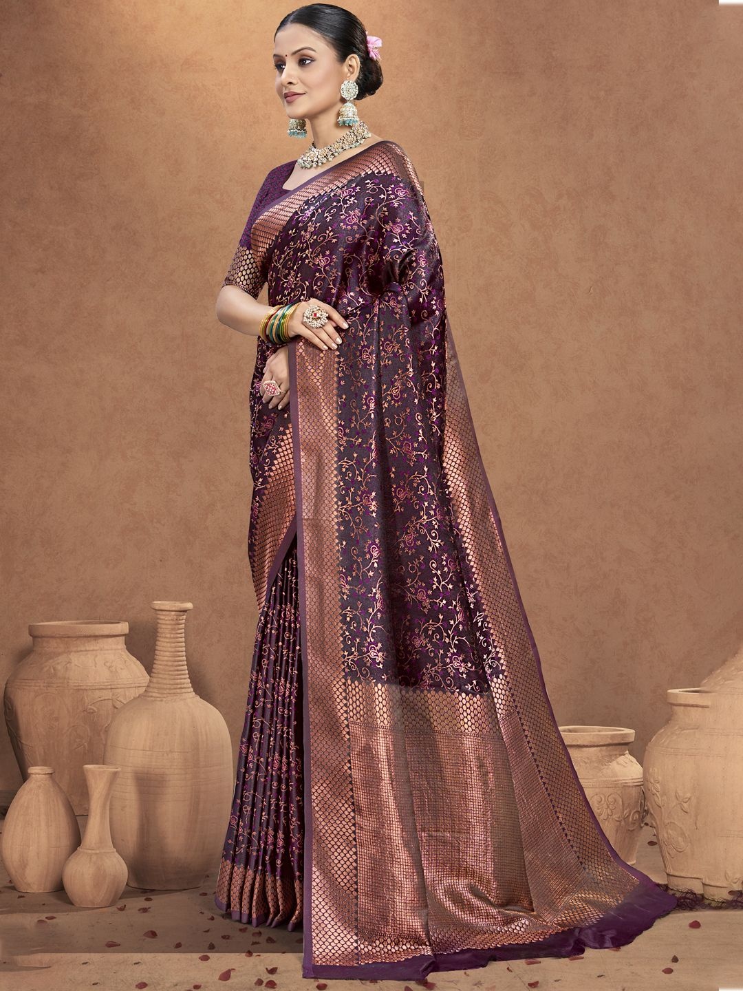 

SANGAM PRINTS Woven Design Floral Zari Tussar Saree, Purple