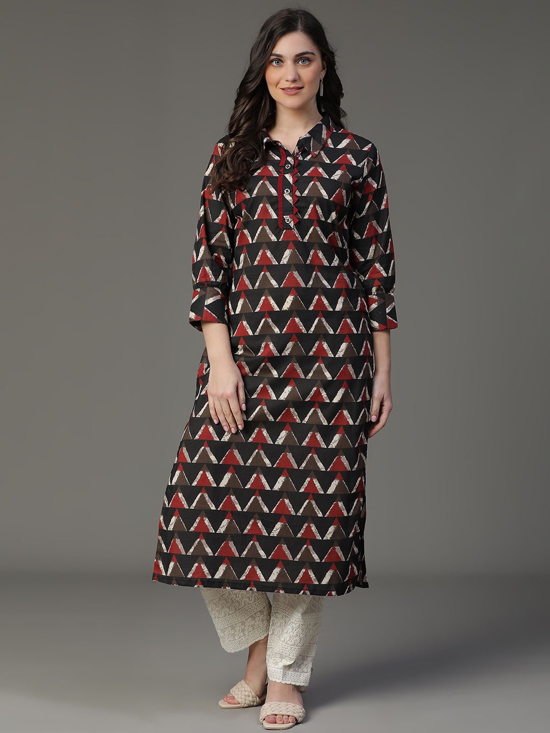 

VEGAL Women Geometric Printed Pure Cotton Straight Kurta, Black