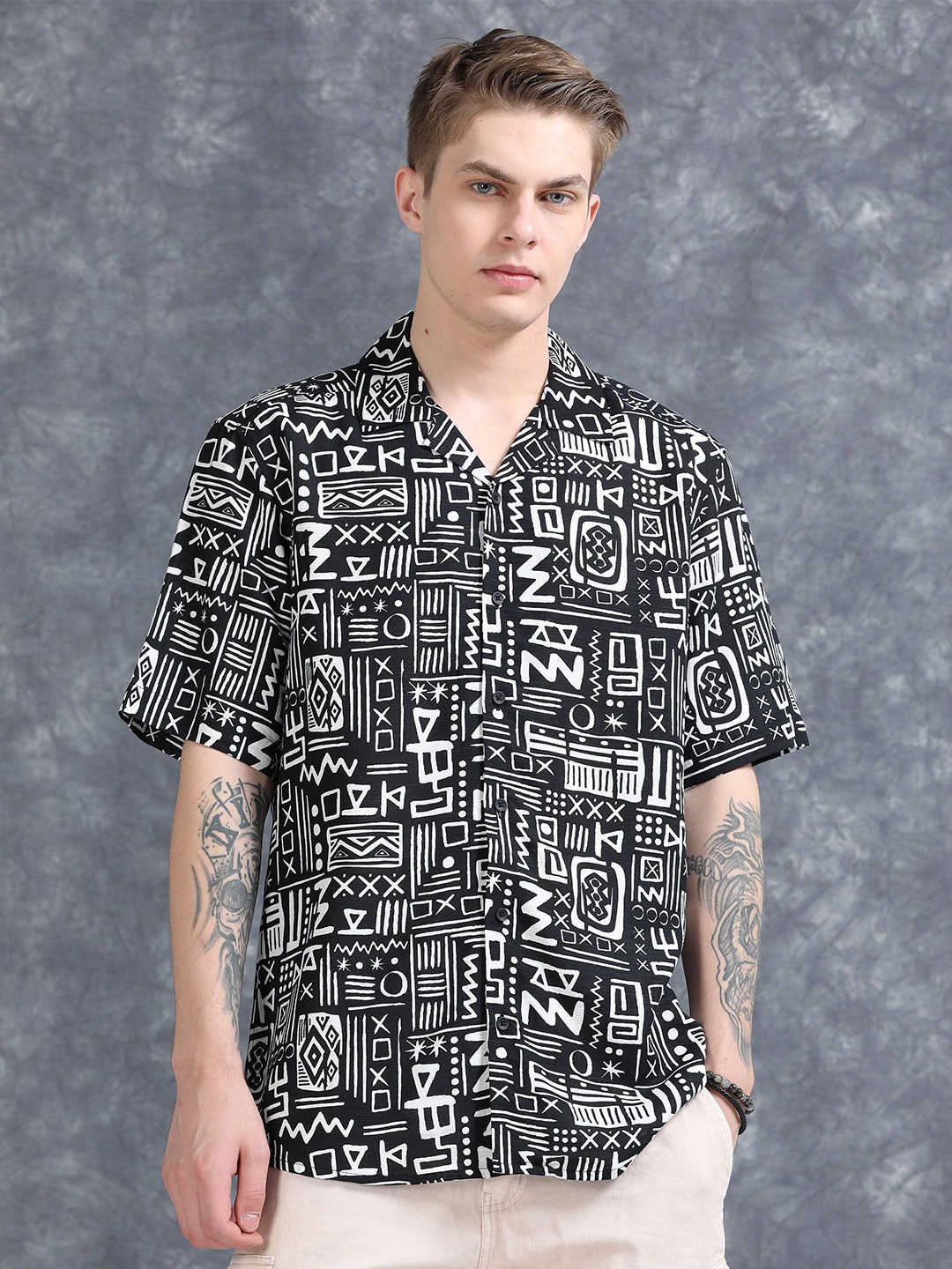 

StitchX Men Half Sleeve Aztec Printed Cuban Collar Shirt, White