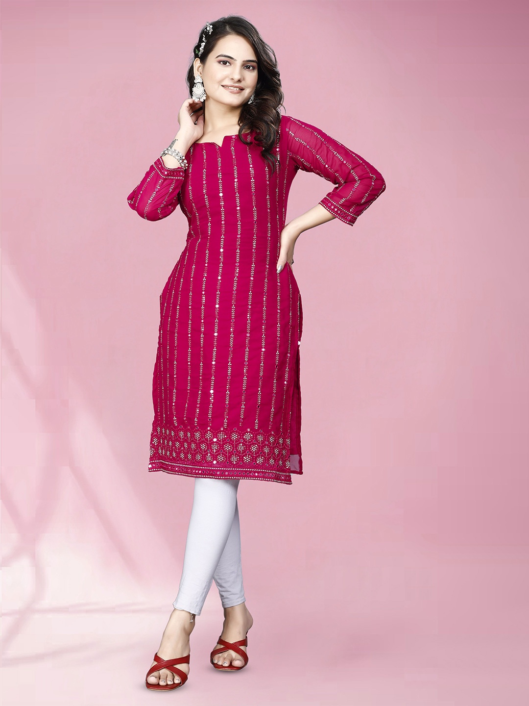 

WEAVETECH IMPEX Women Embroidered Knee-Length Kurta, Pink