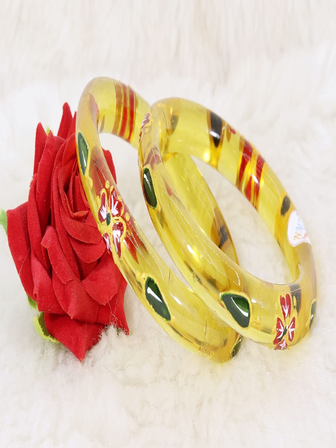 

ZULKA Set Of 2 Flowers and Leaf Printed Sleek Design Kada Glass Bangles, Gold