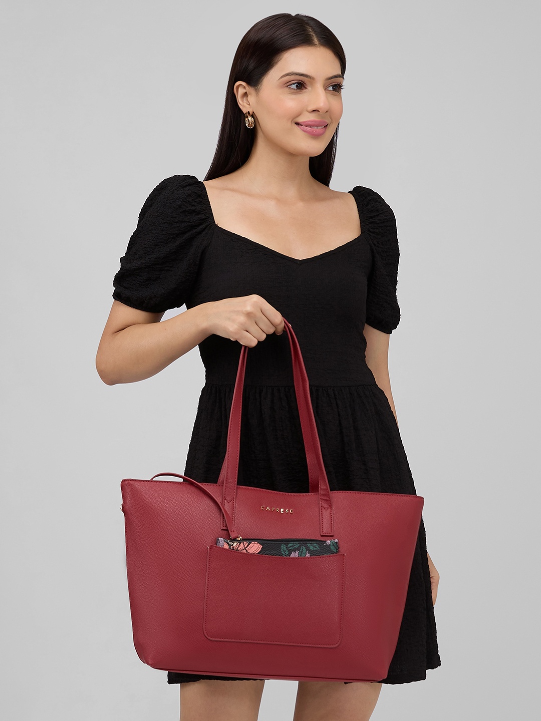 

Caprese Structured Shoulder Bag With Floral Print Pouch, Maroon