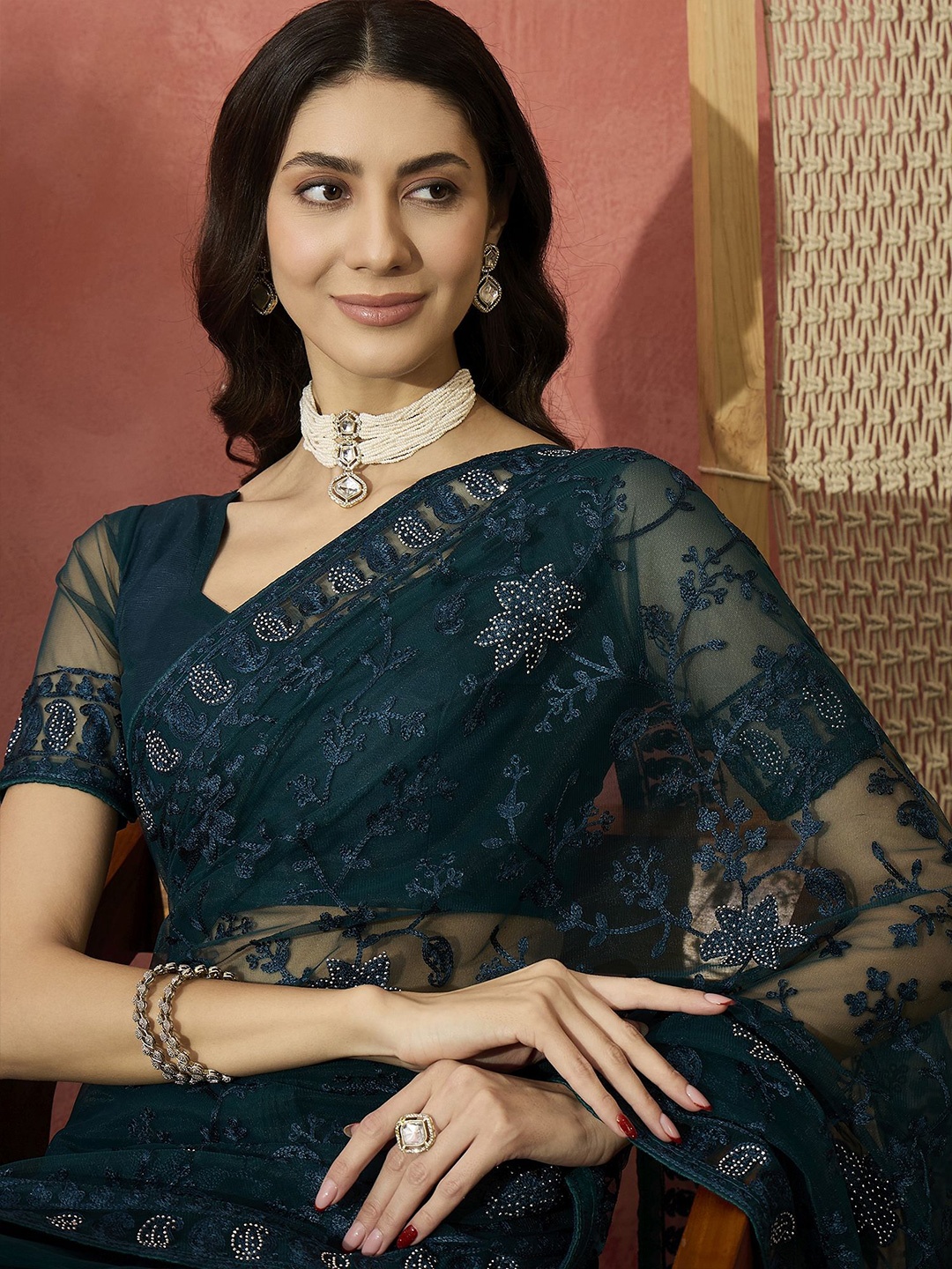 

Sangria Embroidered Net Saree, Teal