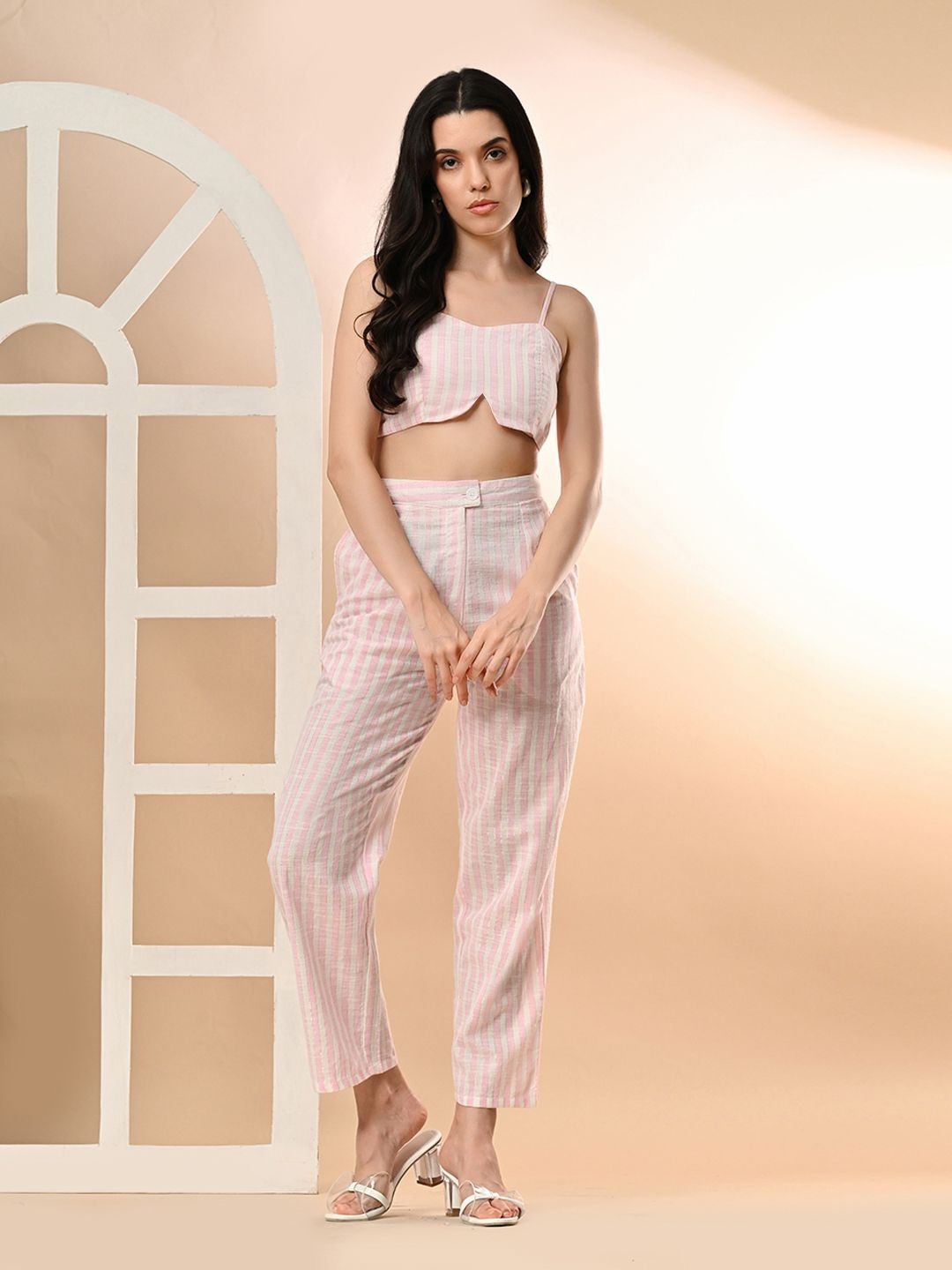 

PRETTY LOVING THING Stripped Shoulder Straps Pure Cotton Top With Trouser, Pink