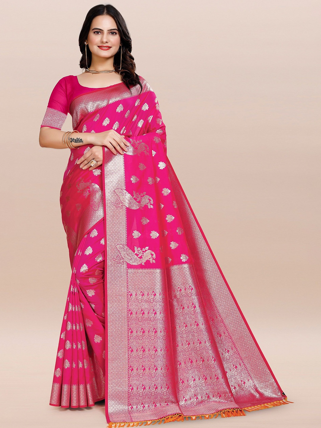 

TORONFRAS Woven Design Zari Silk Blend Banarasi Saree, Pink