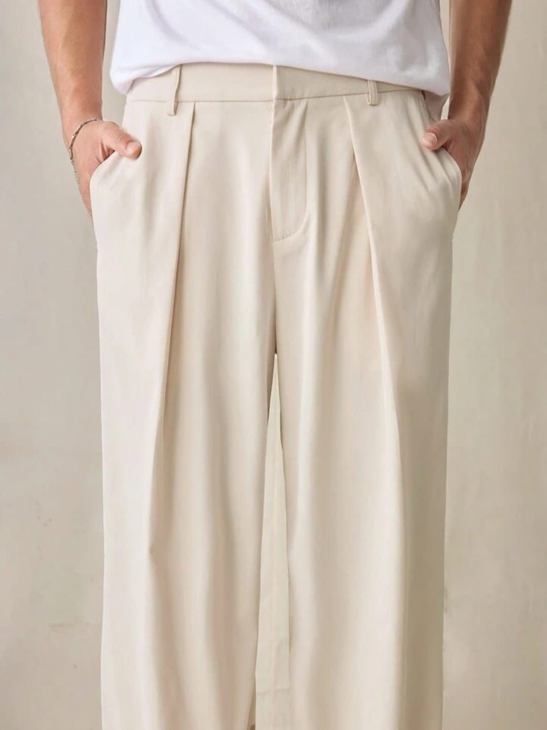 

BROADSTAR Men Smart Loose Fit Easy Wash Pleated Trousers, Cream
