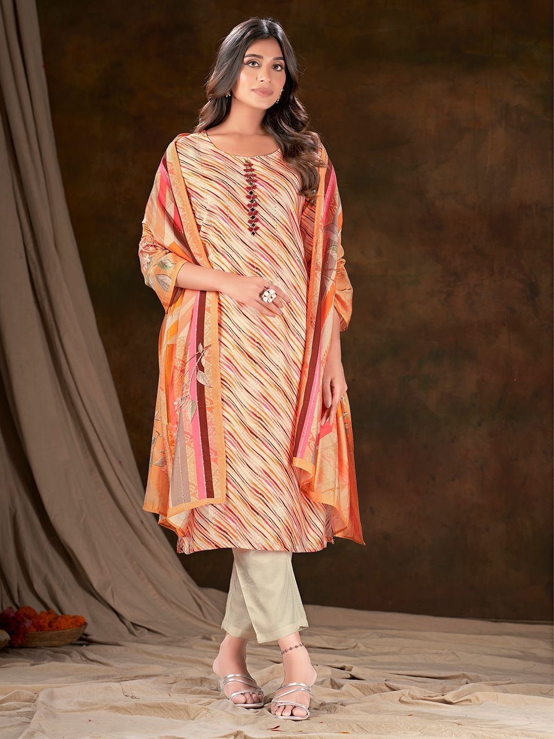 

Krimmple Women Printed Regular Thread Work Kurti with Pyjamas & With Dupatta, Peach