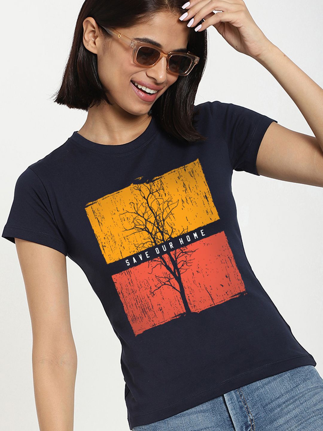 

Bewakoof Women Graphic Printed Round Neck Cotton T-shirt, Navy blue