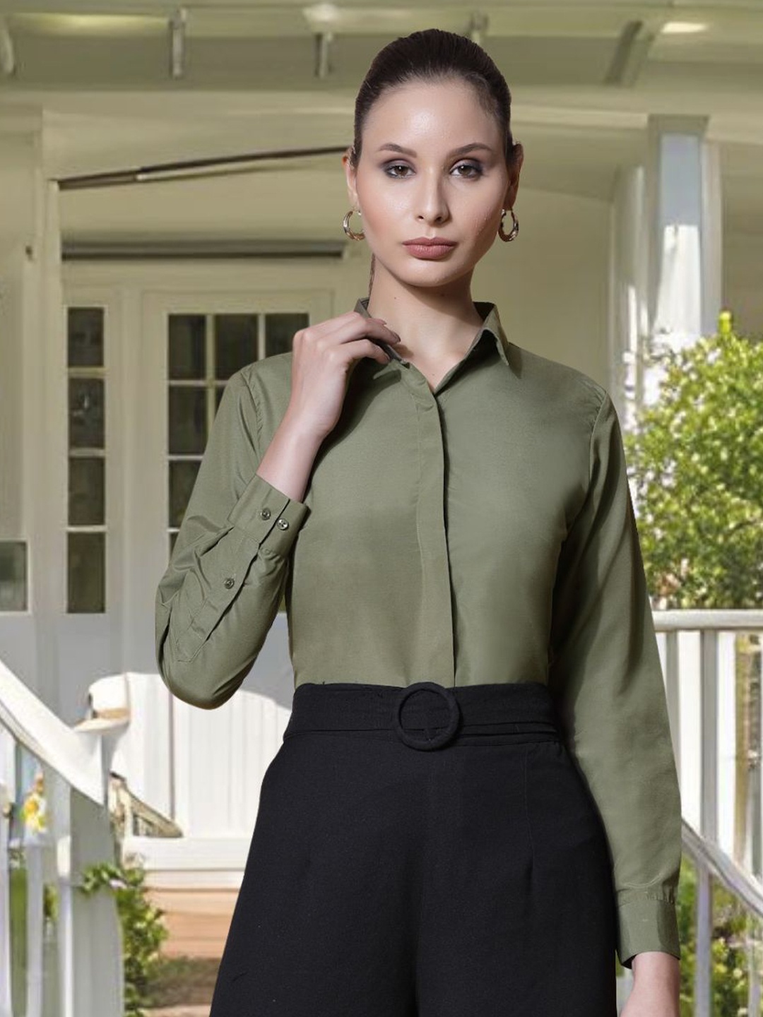 

DressBerry Women Slim Fit Spread Collar Solid Casual Shirt, Olive