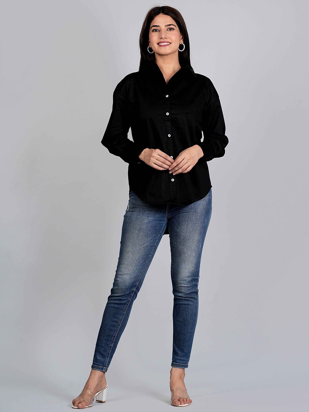 

VENITYWAVE Women Comfort Fit Spread Collar Solid Cotton Casual Shirt, Black