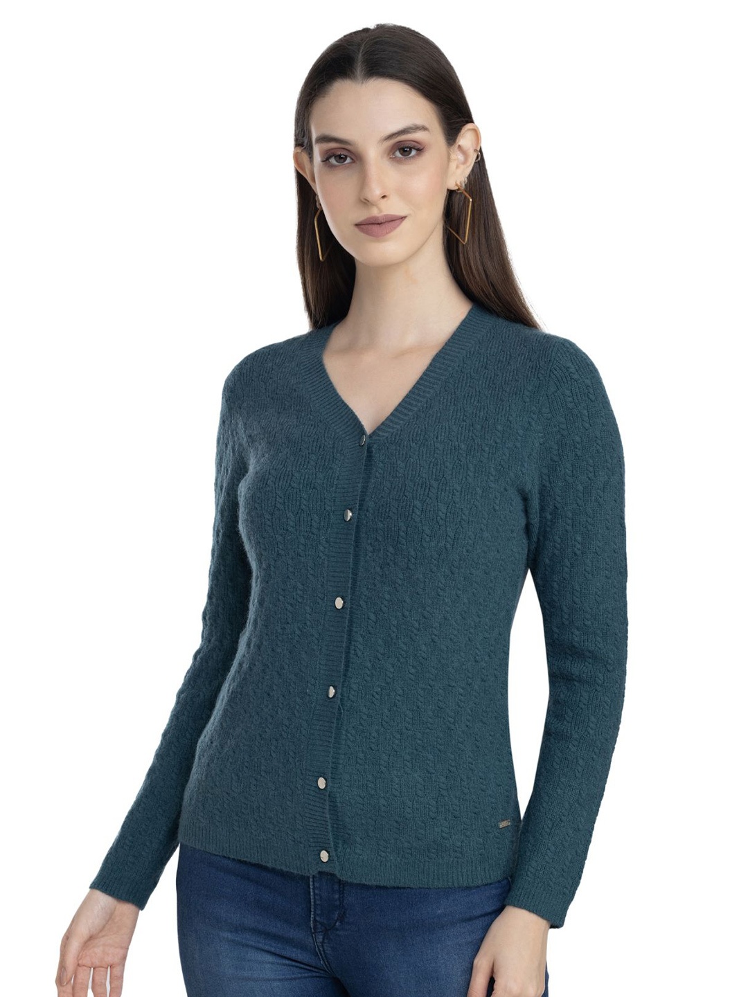 

Moda Elementi Women Cable Knit Woollen Cardigan, Teal