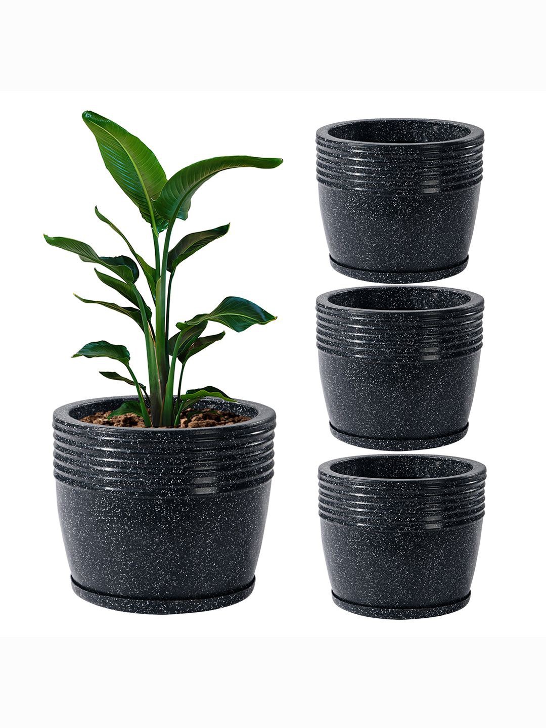 

Kuber Industries Black 4 Pieces Textured Roto Mould Flower Planters With Tray